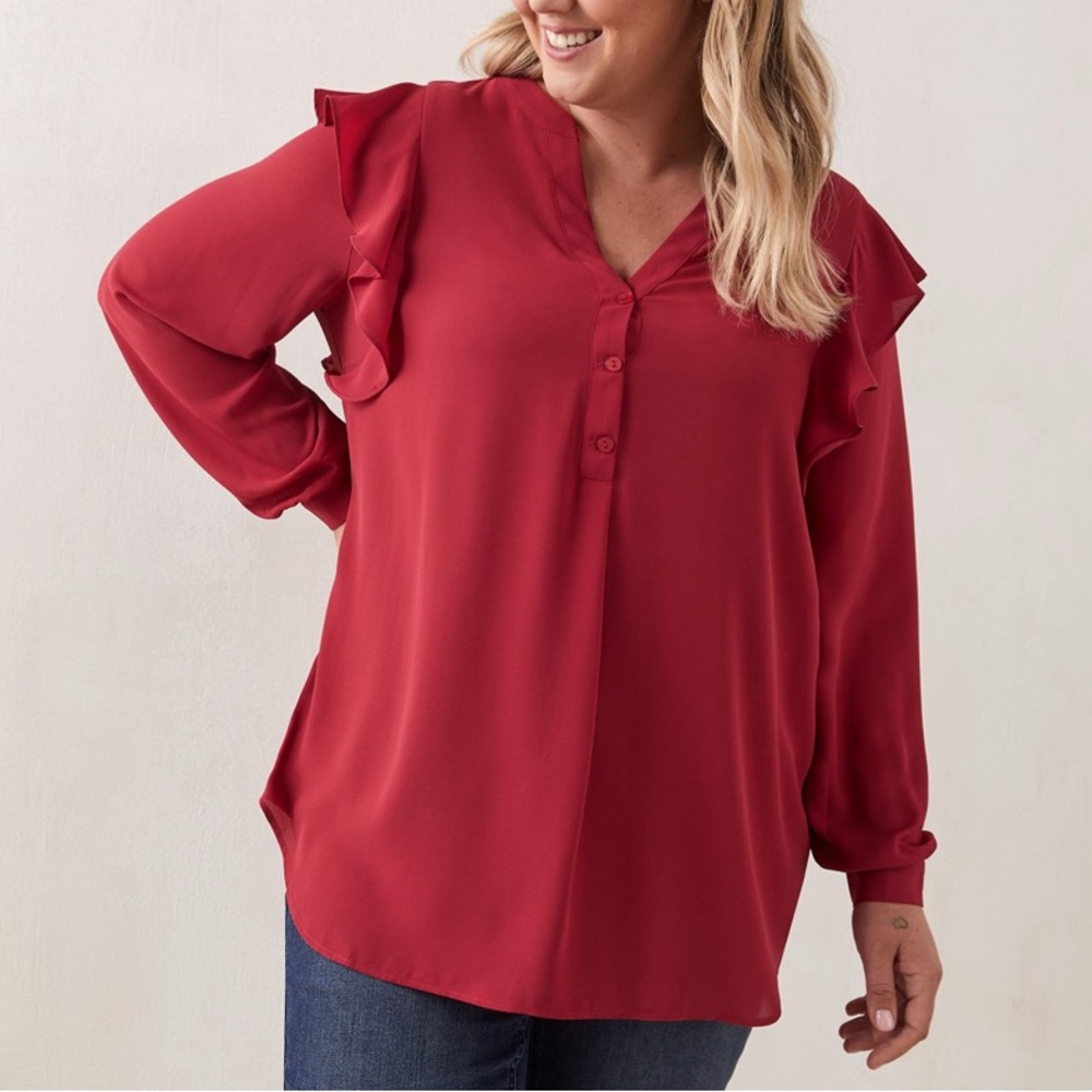 NWT Penningtons Red Mixed Media Blouse With Ruffle Shoulders
